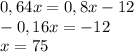 0,64x=0,8x-12\\-0,16x=-12\\x=75