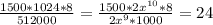 \frac{1500*1024*8}{512000} = \frac{1500*2x^{10}*8 }{2x^{9} *1000} = 24