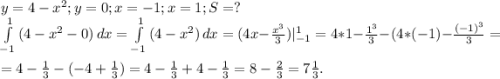 y=4-x^2;y=0;x=-1;x=1;S=?\\\int\limits^1_{-1} {(4-x^2-0)} \, dx =\int\limits^1_{-1} {(4-x^2)} \, dx =(4x-\frac{x^3}{3} )|_{-1}^1=4*1-\frac{1^3}{3}-(4*(-1)-\frac{(-1)^3}{3}=\\ =4-\frac{1}{3}-(-4+\frac{1}{3} )=4-\frac{1}{3} +4-\frac{1}{3}=8-\frac{2}{3}=7\frac{1}{3}.