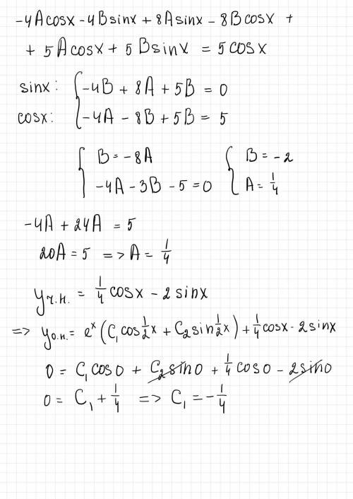 Дифференциальная уравнения 4.2 4y''-8y'+5y=5cos(x), y(0)=0, y'(0)=-1/13