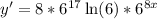 y'=8*6^{17}\ln(6)*6^{8x}