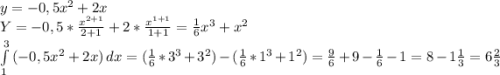 y=-0,5x^{2}+2x\\Y=-0,5*\frac{x^{2+1}}{2+1}+2*\frac{x^{1+1}}{1+1}=\frac{1}{6} x^{3}+x^{2}\\\int\limits^3_1 {(-0,5x^{2}+2x)} \, dx=(\frac{1}{6} *3^{3}+3^{2})-(\frac{1}{6} *1^{3}+1^{2}) =\frac{9}{6} +9-\frac{1}{6} -1=8-1\frac{1}{3} =6\frac{2}{3}