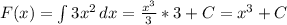 F(x) = \int{3x^2} \, dx = \frac{x^3}{3} *3+C = x^3 +C