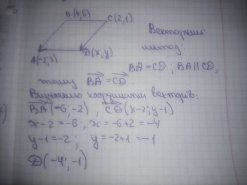 Знайдіть координати вершини D паралелограма ABCD якщо а(-2:3) в(4:5) с(2:1)