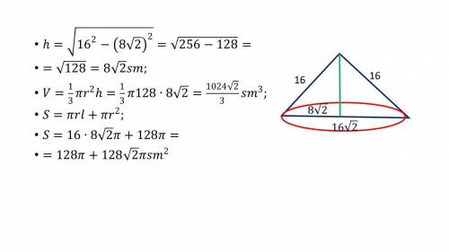 Осевое сечение конуса – прямоугольный треугольник, катет которого 16 см. Найти объем и площадь повер