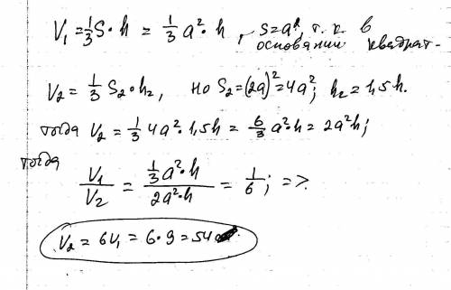 Даны две правильные четырёхугольные пирамиды. Объём первой пирамиды равен 9. У второй пирамиды высот