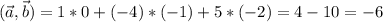 (\vec{a},\vec{b})=1*0+(-4)*(-1)+5*(-2)=4-10=-6