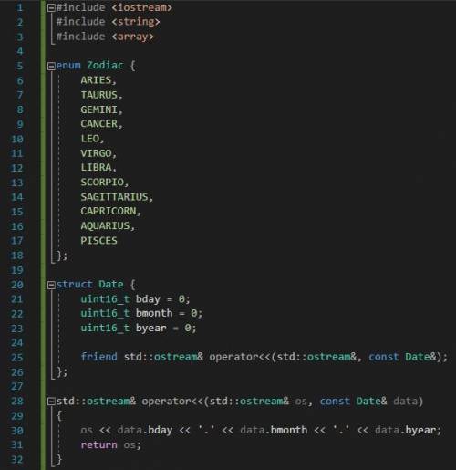 написать на С++ Опишите класс ZODIAK (знак зодиака, фамилия и имя, день рождения). Выведите на экран