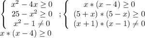 \left\{\begin{array}{ccc}x^2-4x\geq 0\\25-x^2\geq 0\\x^2-1\neq0 \end{array}\right;\left\{\begin{array}{ccc}x*(x-4)\geq 0\\(5+x)*(5-x)\geq 0 \\(x+1)*(x-1)\neq0 \end{array}\right\\x*(x-4)\geq 0\\