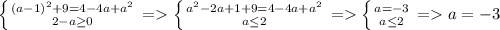 \left \{ {{(a-1)^2+9 = 4-4a+a^2} \atop {2-a\geq 0}} \right. = \left \{ {{a^2-2a+1+9=4-4a+a^2} \atop {a\leq 2}} \right. = \left \{ {{a=-3} \atop {a\leq 2}} \right. = a=-3