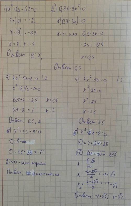 Решите уравнения: 1)х^2+2х-63=0 2)0,9х-3х^2=0 3)2х^2-5х+2=0 4)2х^2-50=0 5)х^2-2х-6=0 6)х^2+5х+9=0 7)