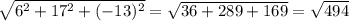 \sqrt{6^{2} + 17^{2}+ (-13)^{2} } = \sqrt{36+289+169} =\sqrt{494}