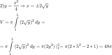 \displaystyle\\ 2)y=\frac{x^2}{4}\Rightarrow x=\pm 2\sqrt{y}\\\\V=\pi\int\limits^5_1 {(2\sqrt{y})^2} \, dy= \\\\\\ =\pi\int\limits^5_1 {(2\sqrt{y})^2} \, dy=\pi(2y^2)\mid^5_1=\pi(2*5^2-2*1)=48\pi