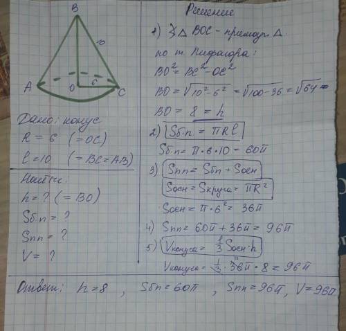 Радиус основания конуса равен 6, образующая 10. Найдите высоту конуса, площадь боковой и полной пове