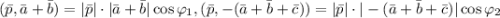 (\bar{p}, \bar{a}+\bar{b}) = |\bar{p}| \cdot |\bar{a}+\bar{b}| \cos \varphi_1, (\bar{p}, -(\bar{a}+\bar{b}+\bar{c})) = |\bar{p}| \cdot |-(\bar{a}+\bar{b}+\bar{c})| \cos \varphi_2