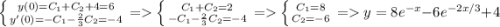 \left \{ {{y(0)=C_1+C_2+4=6} \atop {y'(0)=-C_1-\frac{2}{3}C_2 = -4}} \right. = \left \{ {{C_1+C_2=2} \atop {-C_1-\frac{2}{3}C_2 = -4}} \right. = \left \{ {{C_1=8} \atop {C_2=-6}} \right. = y = 8e^{-x} -6e^{-2x/3}+4