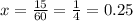 x = \frac{15}{60} = \frac{1}{4} = 0.25