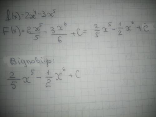 Маємо функцію f(x)=2x4−3x5. Загальний вигляд первісних функції (вводь скорочені дроби):