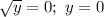 \sqrt{y}= 0; \ y = 0