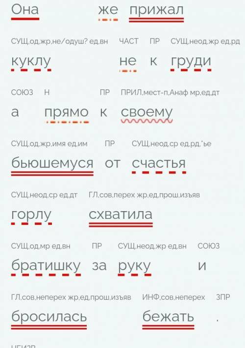 Сделать синтаксический разбор предложения. Она же прижал куклу не к груди а прямо к своему бьюшемуся