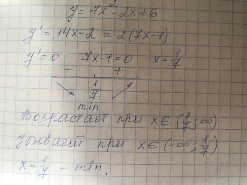 Определите промежутки убывания и возрастания функции: y = 7x2 – 2x + 6. Найдите экстремумы.