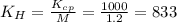 K_H=\frac{K_c_p}{M}=\frac{1000}{1.2}=833