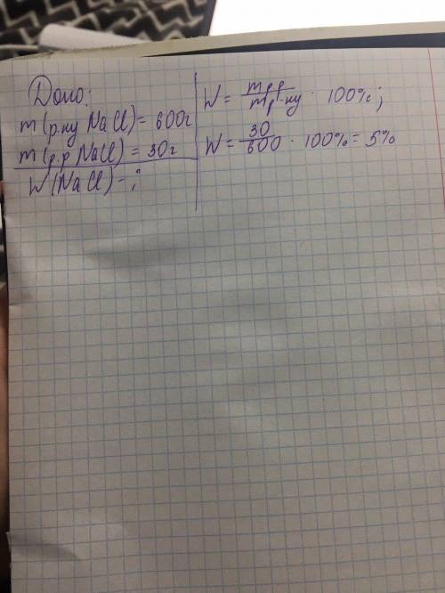 Визначте масову частку хлориду натрія в розчині масою 600 г, якщо він містить в собі 30 г цієї солі.