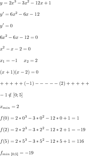 \displaystyle\\y=2x^3-3x^2-12x+1\\\\y'=6x^2-6x-12\\\\y'=0\\\\6x^2-6x-12=0\\\\x^2-x-2=0\\\\x_1=-1\ \ \ \ x_2=2\\\\(x+1)(x-2)=0\\\\+++++(-1)-----(2)+++++\\\\-1\notin [0;5]\\\\x_{min}=2\\\\f(0)=2*0^3-3*0^2-12*0+1=1\\\\f(2)=2*2^3-3*2^2-12*2+1=-19\\\\f(5)=2*5^3-3*5^2-12*5+1=116\\\\ f_{min\ [0;5]}=-19