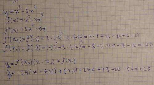 Написать уравнение касательной функции в точке y=x^3-3x^2, x0=-2 Приложил фото