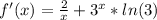 f'(x)= \frac{2}{x} +3^x*ln(3)