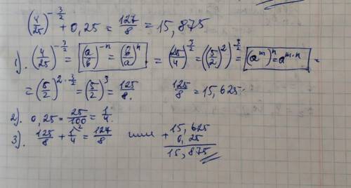 решите пример (4/25)^( -3/2) +0,25