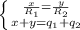 \left \{ {{\frac{x}{R_1} =\frac{y}{R_2} } \atop {x+y=q_1+q_2}} \right.