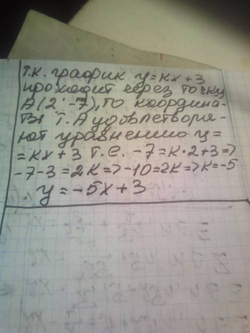 Графік функції у=кх+3 проходить через точку А(2;-7). Знайти значення К