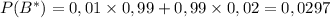 P(B^*)=0,01\times0,99+0,99\times 0,02=0,0297