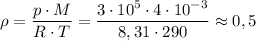 \rho =\dfrac{p\cdot M}{R\cdot T}=\dfrac{3\cdot10^5\cdot 4\cdot10^{-3}}{8,31\cdot290}\approx 0,5