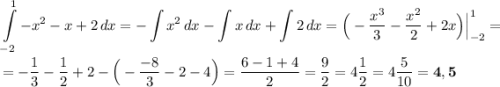 \displaystyle \int\limits^1_{-2} {{-x}^{2}-x+2} \, dx =-\int\limits {{x}^{2}} \, dx -\int\limits {x} \, dx +\int\limits {2} \, dx =\Big(-\dfrac{{x}^{3}}{3}-\dfrac{{x}^{2}}{2}+2x\Big)\Big|^1_{-2}= \\ \\ =-\dfrac{1}{3}-\dfrac{1}{2}+2-\Big(-\dfrac{-8}{3}-2-4\Big)=\dfrac{6-1+4}{2}=\dfrac{9}{2}=4\dfrac{1}{2}=4\dfrac{5}{10}=\bf{4,5}