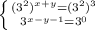 \left \{ {{(3^{2})^{x+y} =(3^{2})^{3} \\} \atop {3^{x-y-1} =3^{0} }} \right.