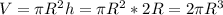 V = \pi R^{2}h = \pi R^{2}*2R = 2\pi R^{3}