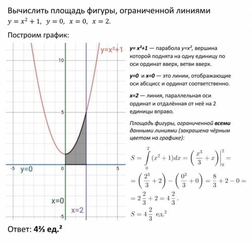 Найдите площадь фигуры, ограниченной линиями y = x2+1, y = 0, x = 0, x = 2.