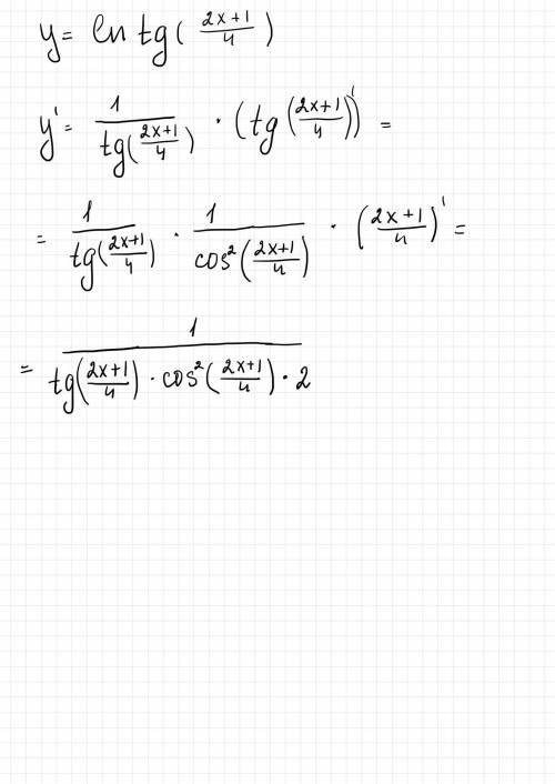 Y = ln tg (2x+1)/4Вычислить производные функции.​