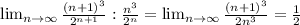 \lim_{n \to \infty} \frac{(n+1)^3}{2^{n+1}} : \frac{n^3}{2^n} = \lim_{n \to \infty} \frac{(n+1)^3}{2n^3} = \frac{1}{2}