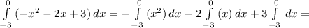 \int\limits^0_{-3} {(-x^2-2x +3) } \, dx =-\int\limits^0_{-3} {(x^2) } \, dx -2\int\limits^0_{-3} {(x ) } \, dx +3\int\limits^0_{-3} {} \, dx =