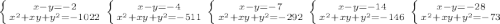 \left \{ {{x-y=-2} \atop {x^2+xy+y^2=-1022}} \right. \left \{ {{x-y=-4} \atop {x^2+xy+y^2=-511}} \right. \left \{ {{x-y=-7} \atop {x^2+xy+y^2=-292}} \right. \left \{ {{x-y=-14} \atop {x^2+xy+y^2=-146}} \right. \left \{ {{x-y=-28} \atop {x^2+xy+y^2=-73}} \right.