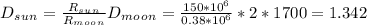 D_s_u_n=\frac{R_s_u_n}{R_m_o_o_n}D_m_o_o_n=\frac{150*10^6}{0.38*10^6}*2*1700=1.342