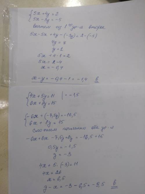 Знайти різницю x − y , де ( x;y )— розв’язок системи рівнянь {5x + 4y = 2, {5x − 3y = −5. а. 0,6 б