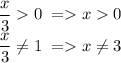 \dfrac{x}{3}0\;=x0\\\dfrac{x}{3}\ne1\;=x\ne3