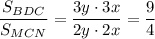 \dfrac{S_{BDC}}{S_{MCN}}=\dfrac{3y\cdot 3x}{2y\cdot 2x}=\dfrac{9}{4}