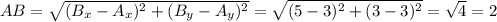 AB= \sqrt{(B_x - A_x)^2 + (B_y - A_y)^2} = \sqrt{(5 - 3)^2 + (3 - 3)^2} = \sqrt{4} = 2