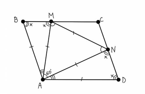 На сторонах BC и CD ромба ABCD взяты точки M и N соответственно, отличные от точек A, B, C и D. Оказ
