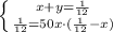 \left \{ {x+y =\frac{1}{12}} \atop {\frac{1}{12} =50x\cdot (\frac{1}{12} -x)} \right.